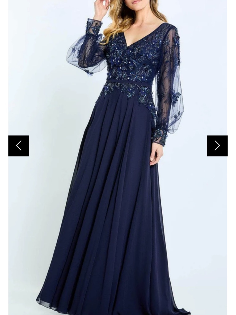 Montage by Mon Cheri Navy Blue Long Sleeve Embellished Evening Gown